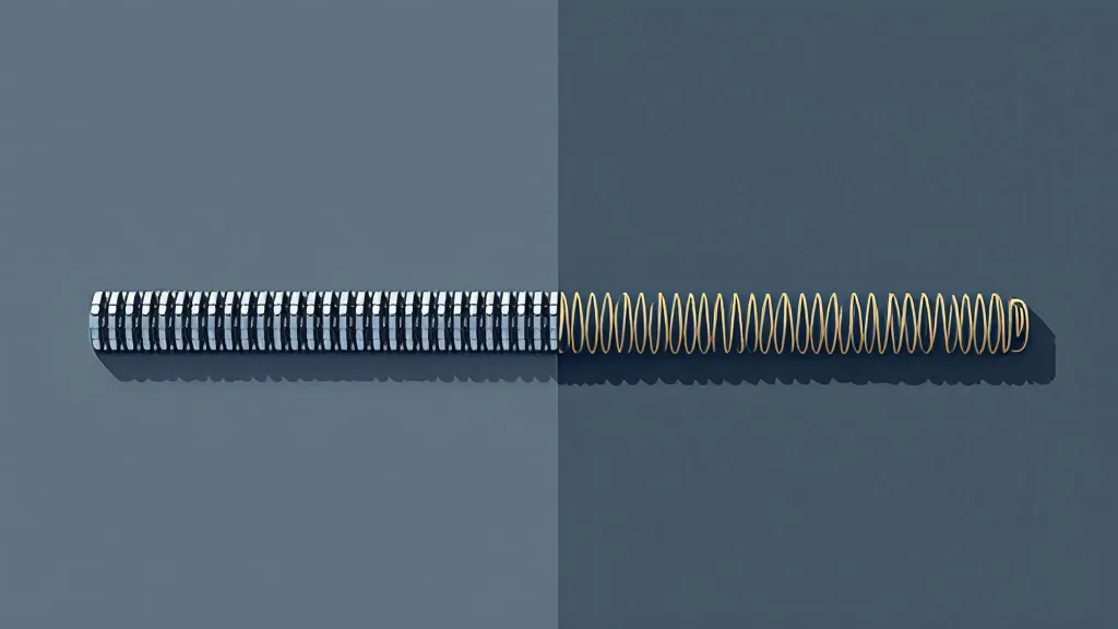 Two structures side by side: on the left a segmented bar with branches splitting off at several points, on the right a single continuous coiled thread with no branch anywhere along it.
