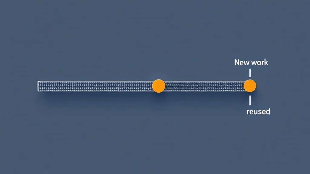 Diagram of prefix reuse: one long segmented slate trunk representing the shared prefix, a circular branch point two thirds along, and three short amber branches fanning out from it representing the only tokens that have to be recomputed.