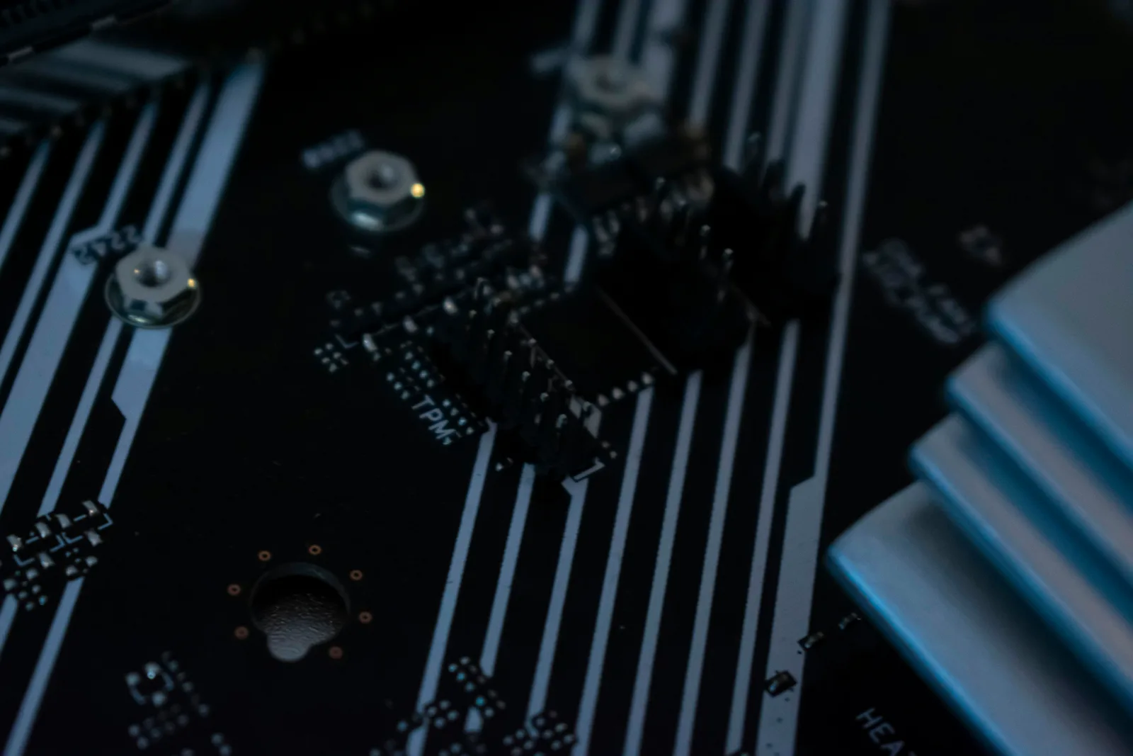 A close-up of a circuit board's dense circuitry in shallow focus, traces and surface-mounted components filling the frame in cool blue-grey tones.